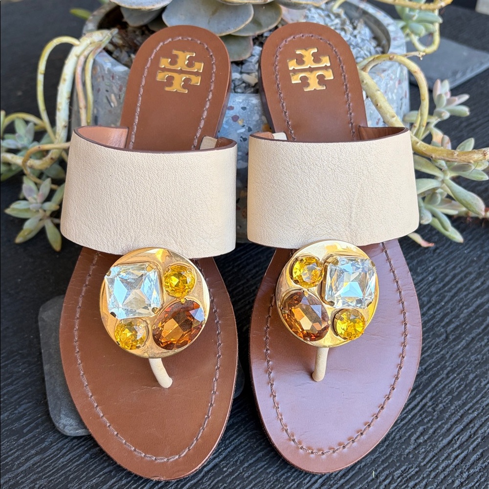 Tory Burch Tan and Gold Embellished Sandals